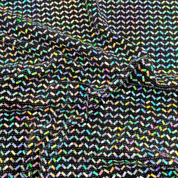 MIRROR SEQUIN SPANDEX - SILVER HOLOGRAM CHEVRONS ON BLACK